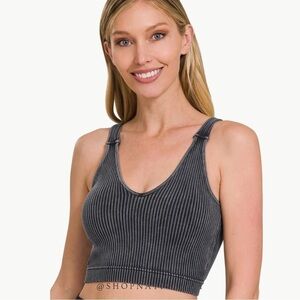 Zenana Women's Washed Ribbed Seamless Padded Bralette Size L/XL NWT, Ash Black
